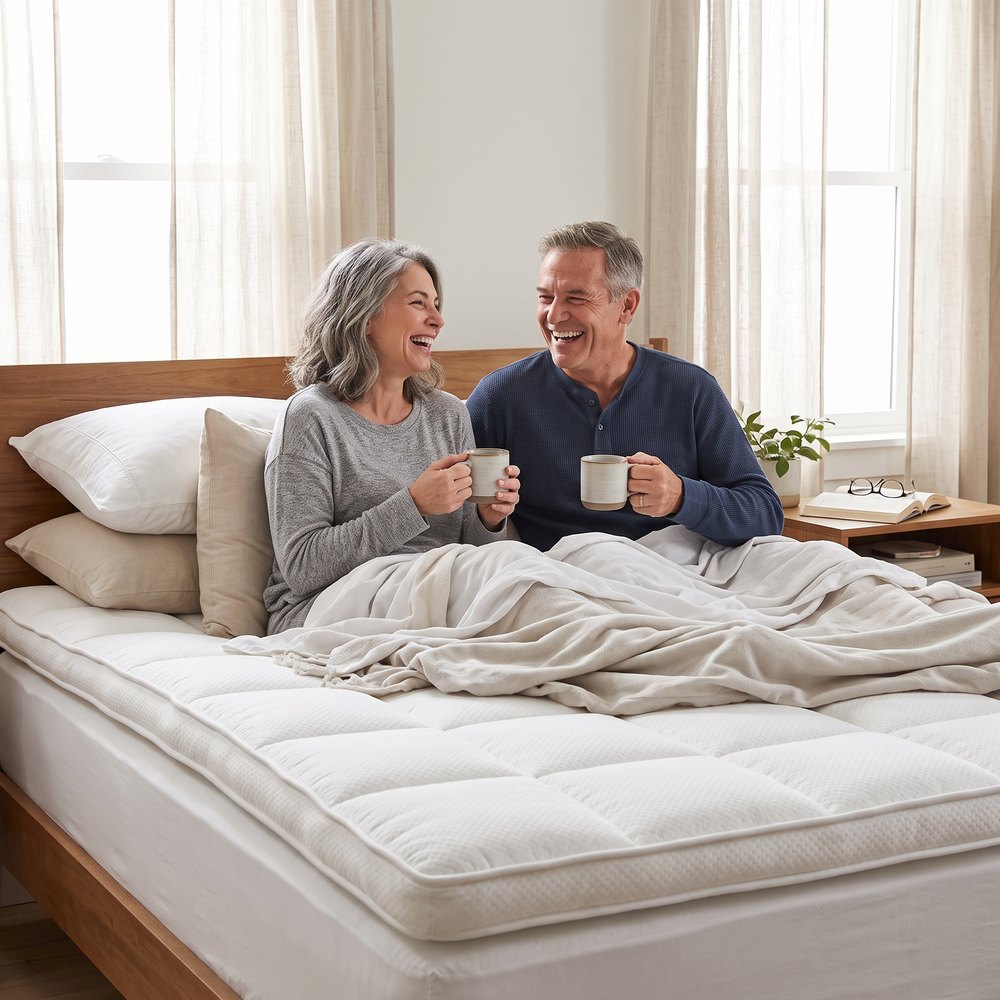 The Nagi bamboo topper on a bed